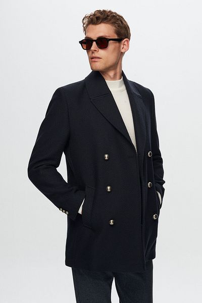 D'S Damat Regular Fit Navy Blue Herringbone Woolen Coat