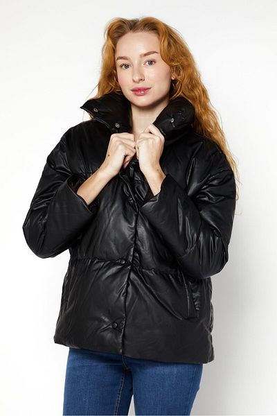 Bagatelle Women Turtle Neck Long Sleeve Faux Leather Puff Outwear Jacket, Black