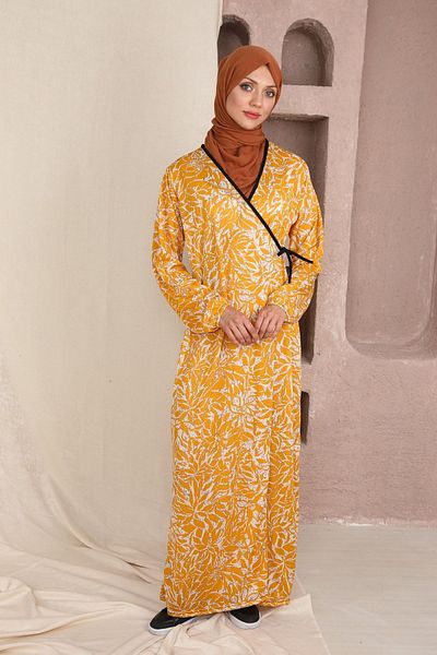 Kutay Collection Yellow Seasonal Tie-Up Women's Prayer Dress - Anti-Sweat Clothing and Flowy Ferace
