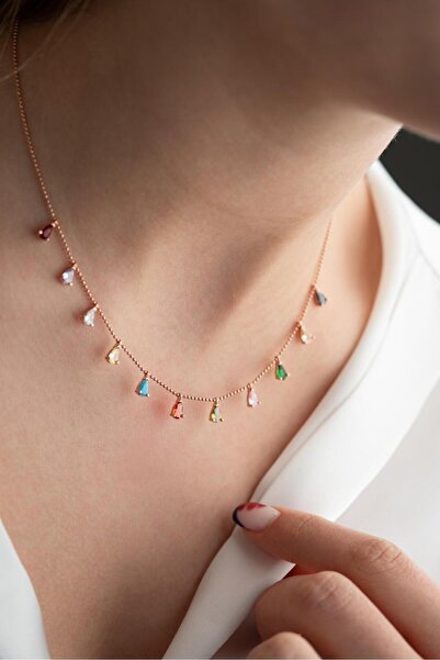 ESSARE 925 Ayar Gümüş Sıralı Damla Mix Taşlı Kadın Gümüş Kolye