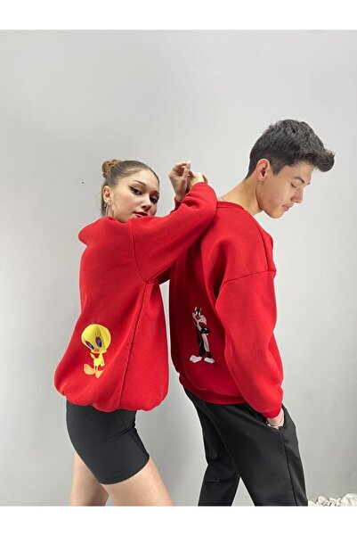 Tarzsokak للجنسين الأحمر تويتي مطبوعة كبيرة الحجم طاقم الرقبة عاشق زوجين مزيج...