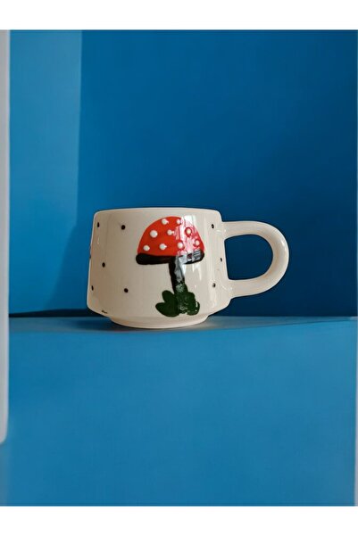 İlbay Çini Takı كوب قهوة كبير الحجم مصنوع يدويًا من السيراميك بنمط الفطر