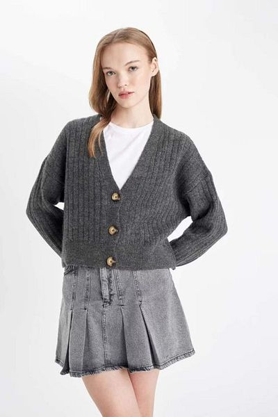 DeFacto Ribbed V Neck Oversized Crop Cardigan