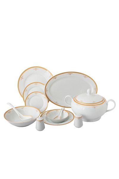 Dania 45 Pieces Porcelain Dining Set White Color With Golden Font Enough For 6 People