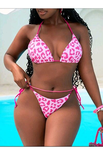 ŞAHPERA BUTİK Pembe leopar desenli bikini takım