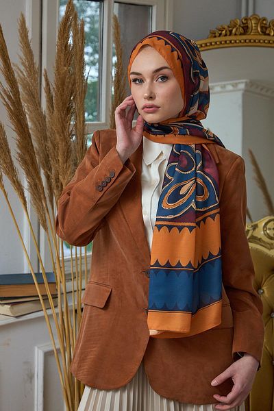İpekhan Summer Sparkle Collection Soft Shawl Orange Burgundy 3045-10