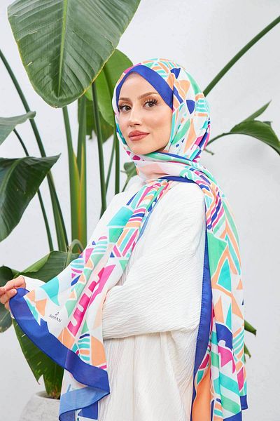 İpekhan Geo Ethnic Μαλακό Σάλι Navy Blue Water Green 3039-14