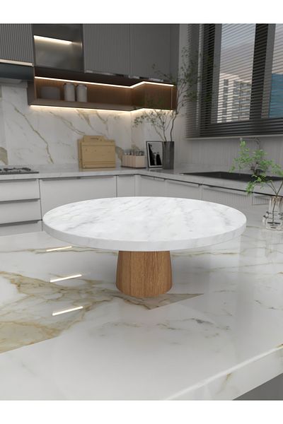 fatrema 28 cm Natural Marble Pastry Cake Stand - Wooden Legs, Presenter and Cheese Plate