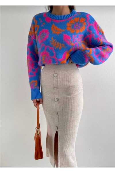 yeditepe fashion Women's Crew Neck Floral Print Oversize Raster Elite Knitwear Sweater