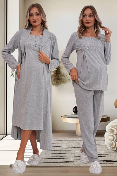 Mecit Pijama Mecit 6172 Gray Long Dressing Gown Nightgown Pajamas Maternity Set