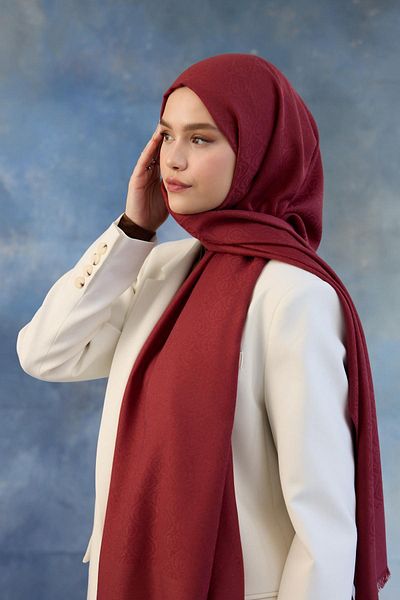 İpekhan Red Logo Patterned Cotton Jacquard Shawl - 8008-15
