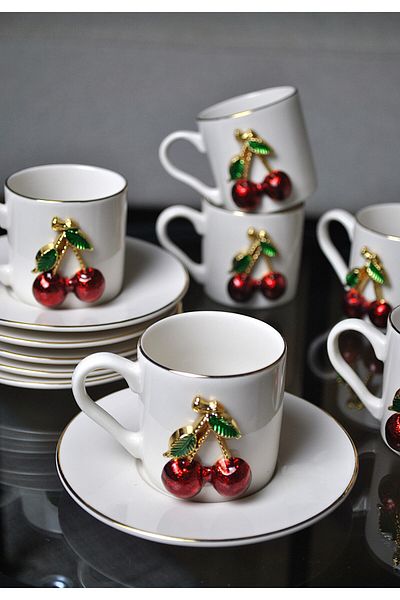 Qualitev Fenomen Gold Gilded Cherry 4-Piece 2-Person Porcelain Coffee Cup Set - Cherry Embroidered