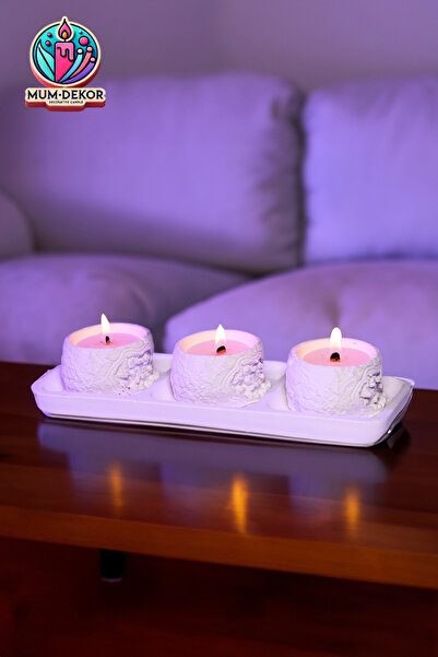 EMG DEKOR Çakıl taşı desenli 3 lü dekoratif mandalina kokulu  Mum Seti