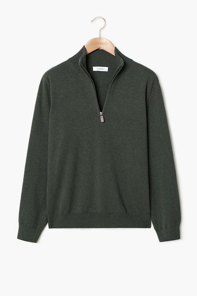 hateko 100% Cotton Khaki Half Zippered Stand Collar Knitwear Sweater