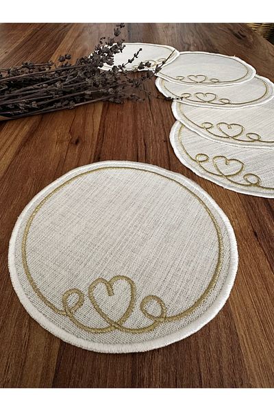 NURHAN HOME COLLECTION Gold Embroidered Round Cocktail Presentation Napkin with Heart