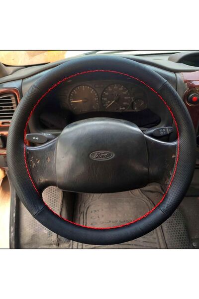 HASBAY DİKİŞLİ DİREKSİYON KILIFI NOKTALI/SİYAH DERİ KIRMIZI DİKİŞLİ FORD TRAN...