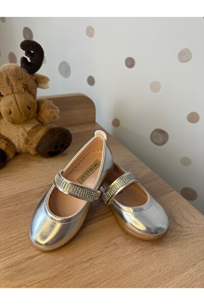 Mia Lui PARLAK METALİK GRİ BABET AYAKKABI 31-32-33-34-35 TAŞLI BANT DETAYLI