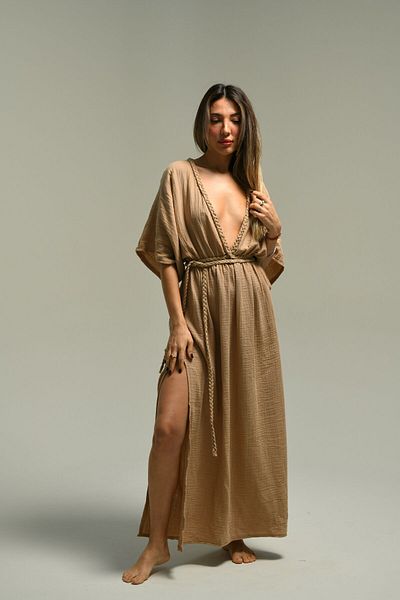 Tfifty Φόρεμα Helen Drawstring V Neck Muslin - Χειροποίητο Πλεκτό