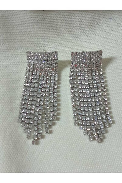 mos&more White Stone Dangle Long Women's Evening Dress Earrings