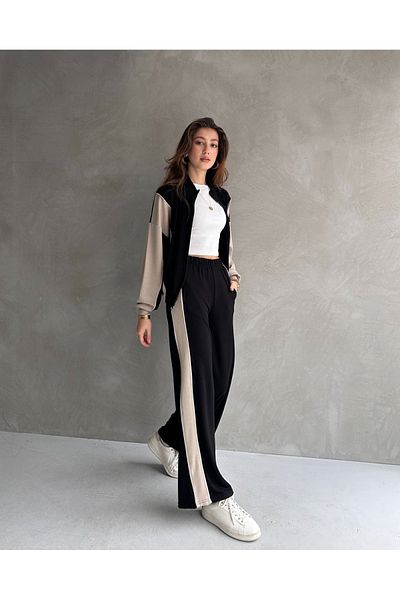 shopshop Γυναικείο Modal Fabric Color Block Σετ αθλητική φόρμα με τσέπη με φερμουάρ