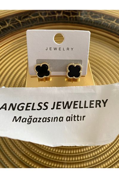 ANGELSS JEWELLERY Black Gold Minimal Earrings (Clover Model Black Gold Minimal Earrings)