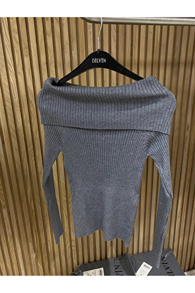 Dilvin Bardot Yaka Pullu Fitilli Triko Kazak Gri