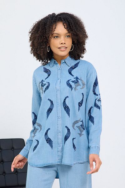 MİA NOURA Mâneci și cămașă cu broderie în față pentru femei din țesătură denim