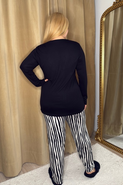 tarzımsüper Women's Plus Size Letter Printed Long Sleeve Button Detailed Black Striped Pajamas Set