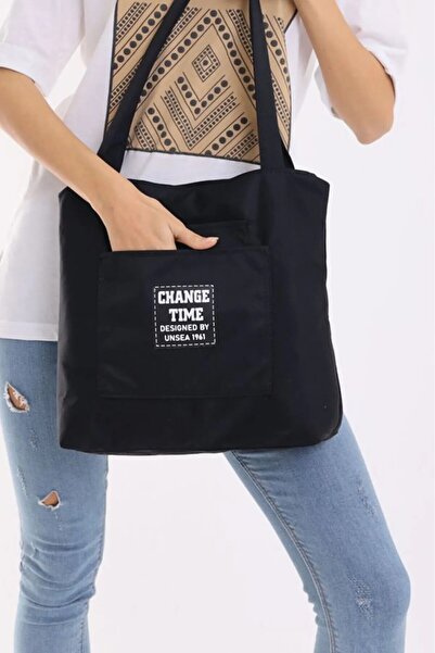 DZC KUZENLER ÇANTA Kadın Siyah Yumuşak Bez Kumaş Kol Ve Omuz Çantası ağzı fer...