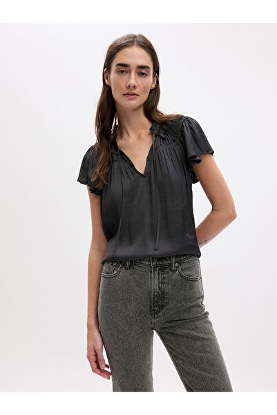 GAP Kadın Koyu Gri Fırfırlı Yaka Bluz