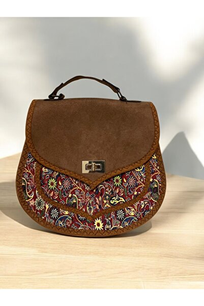 MODA Otantik etnik desenli süet kapaklı kadın omuz çantası