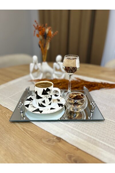 ERGLASS CAM 2'li Kahve Sunum Tepsisi *beyaz Ayna* 25x17 Cm Lüx Kahve Fincan S...