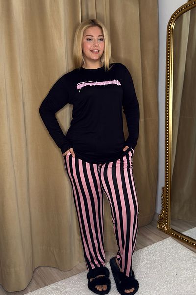tarzımsüper Women's Plus Size Letter Printed Long Sleeve Button Detailed Black Pink Striped Pajamas Set