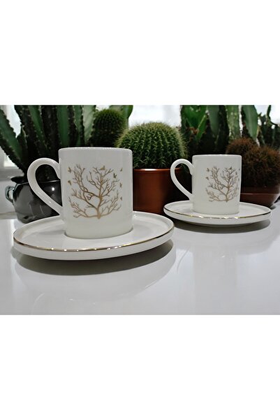 D&Y GAUDERY 4 أجزاء 2 Kişilik Gerçek Altın Yaldız Porselen Hayat Ağacı Kahve ...