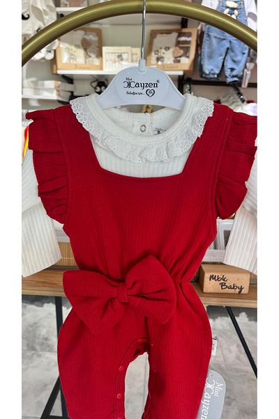 MBK GARDEN Baby Girl Bandana Ruffled Red Holiday Jumpsuit Set