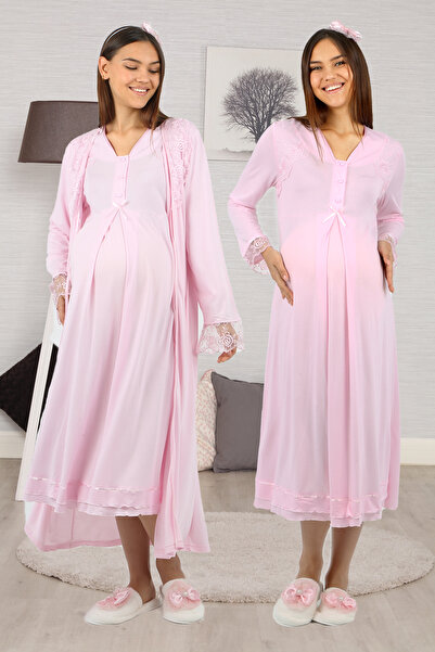 lohusahamile Pembe Dantel Sabahlıklı Lohusa Gecelik Takımı Effortt