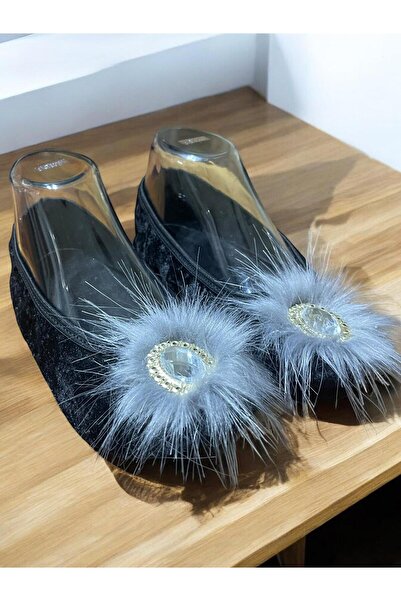 özmel home dekor Special Stoned Velvet Coated Furry House Slippers Booties