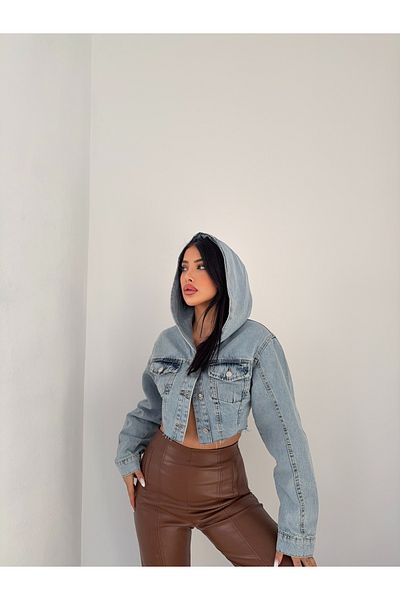 Ekim Store Jachetă de blugi crop cu glugă albastră