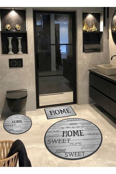 Ardizayn Sweet Home Σετ 3 - Βαμβακερή υφαντή βάση, μπαμπού και στρογγυλό χαλί μπάνιου (100x100-60x60-40x60 cm)