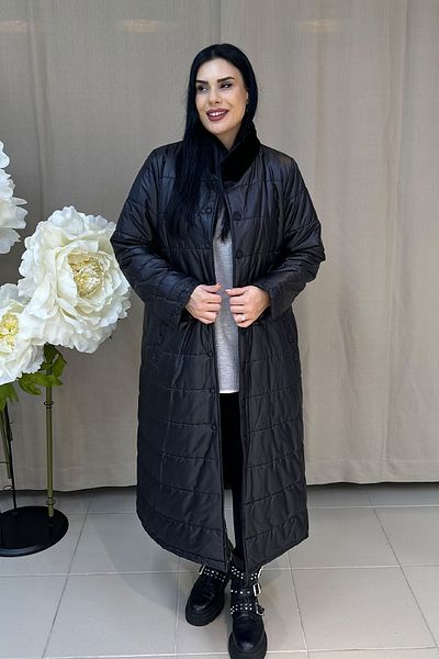 GÖKSEL Stone Detailed Furry Plus Size Coat - Black