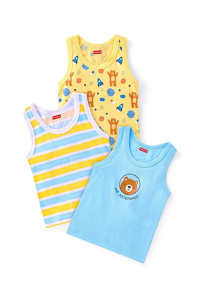 Babyhug مجموعة من 3 قطع من الصنادل بدون أكمام من القطن بنسبة 100% مع خطوط وطبعات حيوانية - أصفر وأزرق