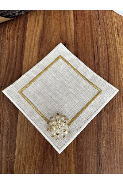 NURHAN HOME COLLECTION 6 Adet İncili Gold ve Ekru Renk nakışlı kare Kokteyl Sunum Peçetesi
