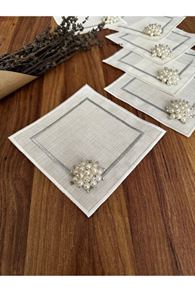 NURHAN HOME COLLECTION 6 τμχ Πετσέτα παρουσίασης κοκτέιλ με κέντημα σε ασημί και εκρού χρώματος