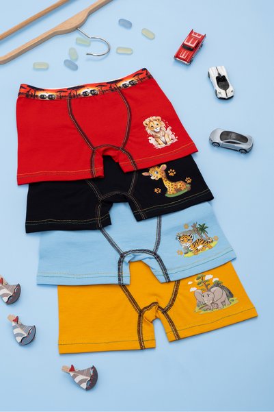 MAN&TO Children's Boxer Shorts with Safari Figures, Pack of 4 – 95% Cotton Lycra, Boys