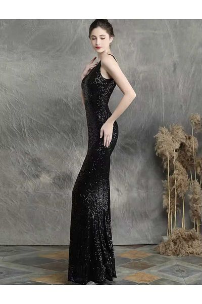 MODAS V-Neck Zero Sleeve Pul Payet Evening Dress