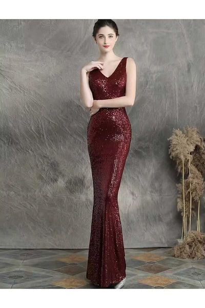 MODAS V-Neck Zero Sleeve Pul Payet Evening Dress