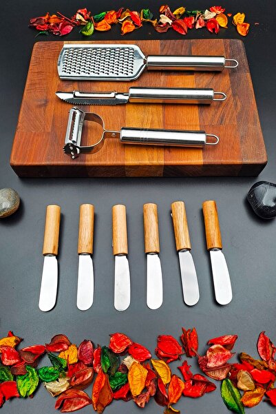 SWENCRAFT 9 Pieces Kitchen Set - Set of 6 Bamboo Butter, Chocolate Blades, and 3 Grater Peel-Off Dowry