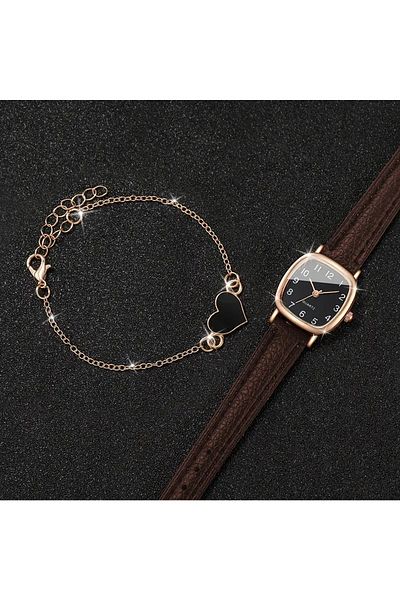 QUARTZ Retro Minimal Vintage Leather Cord Square Frame Women's Wrist Watch Brown