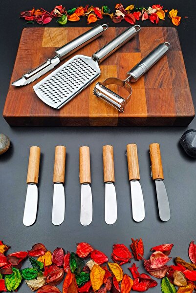 SWENCRAFT 9 Pieces Kitchen Set - Set of 6 Bamboo Butter, Chocolate Blades, and 3 Grater Peel-Off Dowry