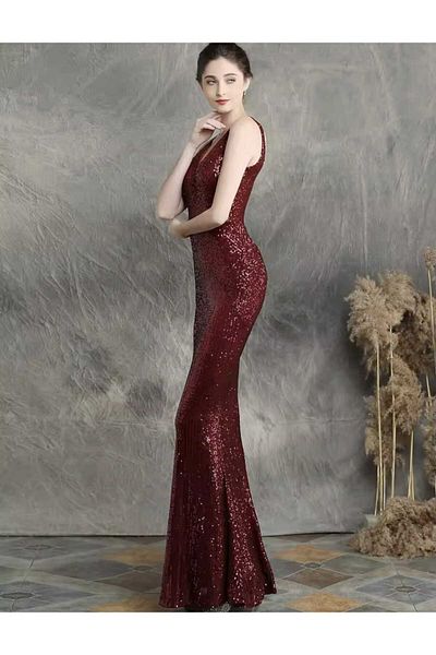 MODAS V-Neck Zero Sleeve Pul Payet Evening Dress